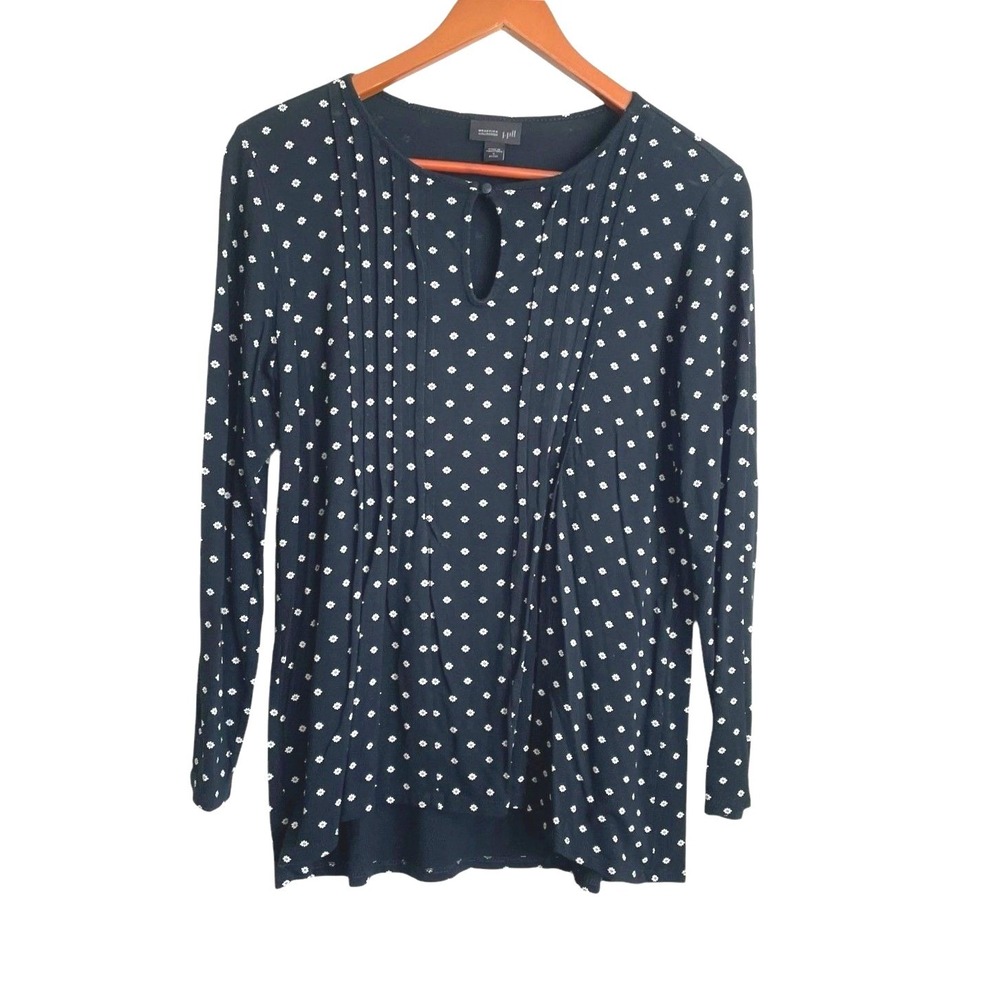 J. Jill Women Cottagecore Dark Academia Tunic‎ Top S Petite Black Floral Pintuck